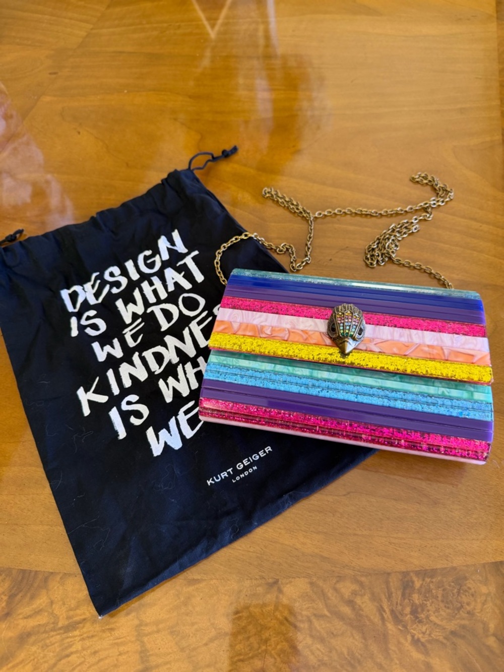 Kurt Geiger Multicolor Rainbow Stripe Crossbody with Gold Chain